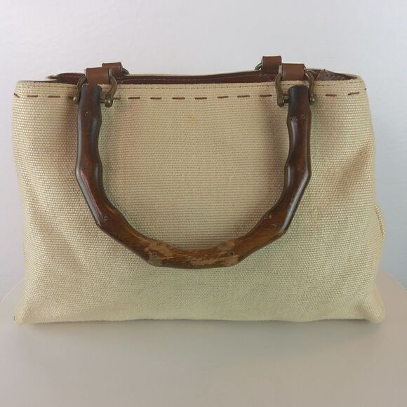 Fossil cream fabric handbag with leather trim, and faux wood handles - Picture 4 of 12